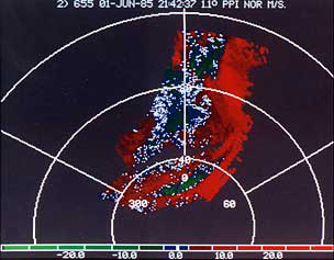 The Doppler velocity field for one of a pair of solitary waves launched by the density current from a cluster of storm cells that passed through central Oklahoma on 1 June 1985.