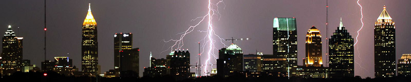 nighttime urban lightning strike