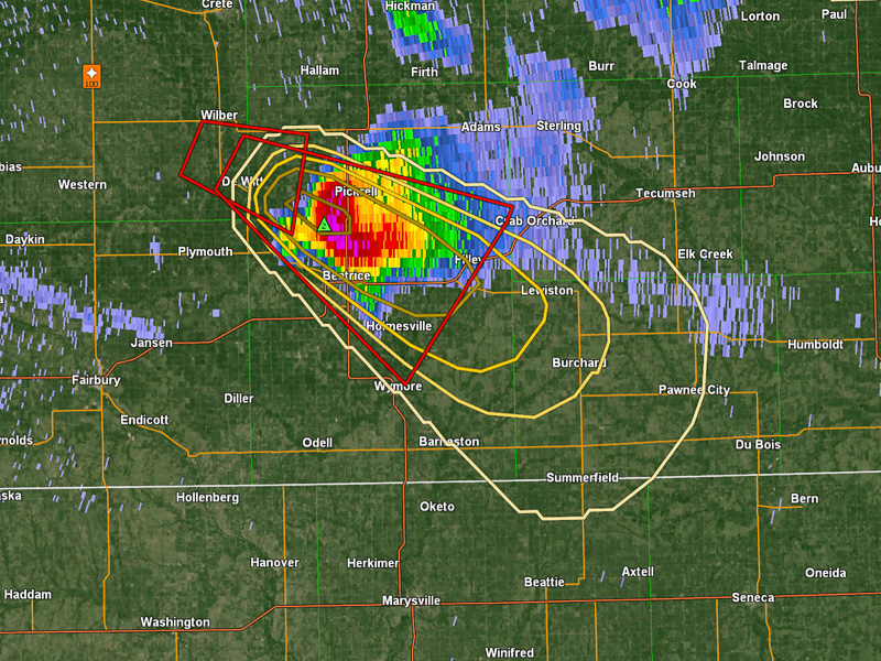 animated image showing the progression of warnings as the storm moves in a radar display