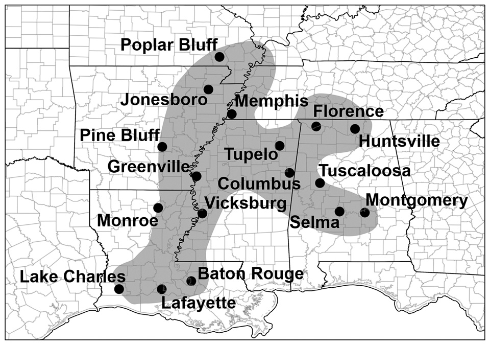 Map of southeast U.S.with gray area over Missouri, Arkansas, Louisiana, Mississippi, Alabama and Tennessee. Cities included are Poplar Bluff, Jonesboro, Pine Bluff, Greenville, Monroe, Lake Charles, Lafayette, Baton Rouge, Vicksburg, Columbus, Tupelo, Selma, Montgomery, Tuscaloosa, Huntsville, Florence, and Memphis,