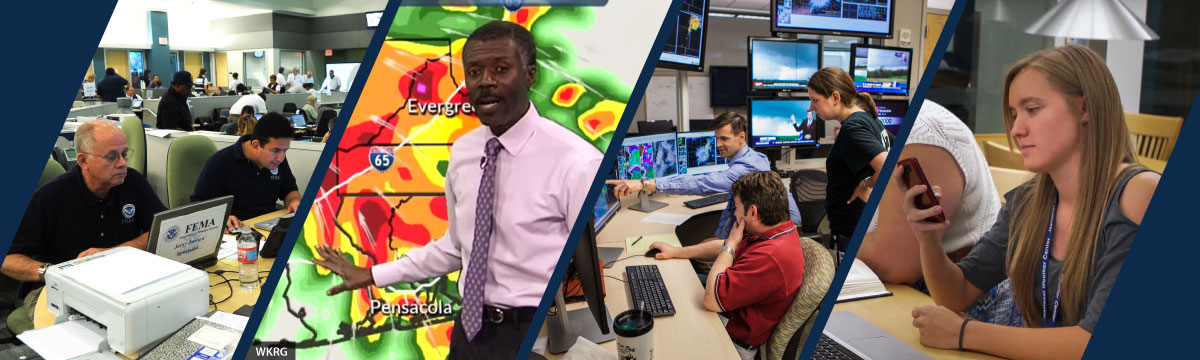 Social science @ NSSL: Researchers in the HWT, emergency managers, person looking at cell phone, and broadcast meteorologist on the air